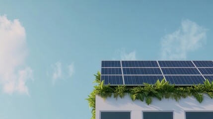 Fototapeta premium Sustainable green building upgrades. Sleek building with solar panels and greenery under a clear sky.