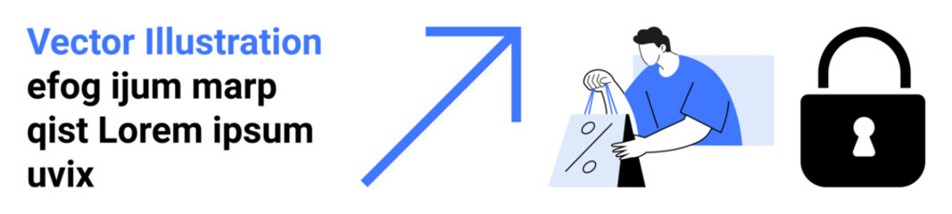 Upward arrow signifies growth, person holding shopping bags represents retail or shopping, lock symbol suggests security, and placeholder text for custom content. Ideal for business growth, retail
