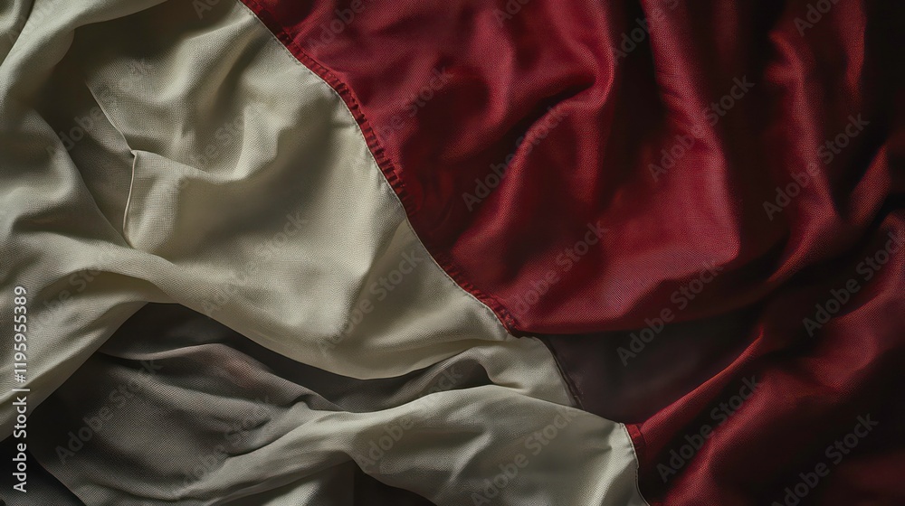 Aufkleber close-up of a textured fabric with red, white, and gray sections, creating a dramatic and elegant vi