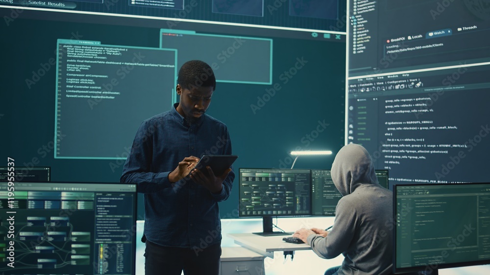 Poster cyber intelligence team defending against cyber threats and espionage. governmental hacker using adv