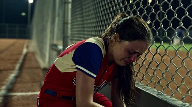 Emotional Moment for a Young Athlete After a Tough Loss During a Night Softball Game in a Local Park