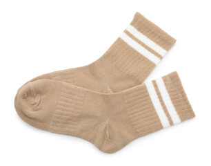 Pair of soft socks isolated on white, top view