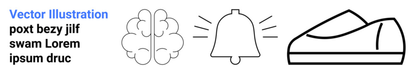 Brain, bell with sound lines, and shoe in simple line art style. Ideal for minimalistic websites, educational platforms, alerts and notifications, cognitive science, footwear industry, and clean