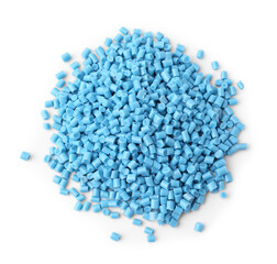 Pile of light blue plastic granules isolated on white, top view