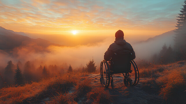 The person in a wheelchair is on his back looking at the horizon. Concept that nothing can stop you