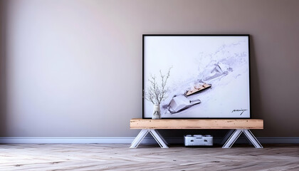 Abstract art print displayed on wooden bench in minimalist room, showcasing contemporary interior design for home decor blogs and websites