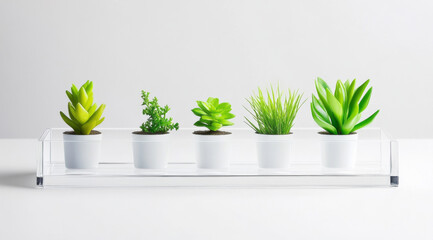 Green succulent plants arranged in decorative pots on a clear tray