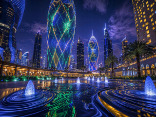 Magnificent towers illuminated with lights in the night cityscape.