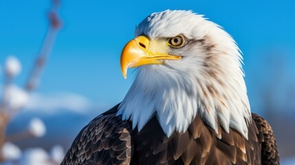 Obraz premium A striking closeup of a bald eagles head showcasing its fierce gaze and iconic white feathers.