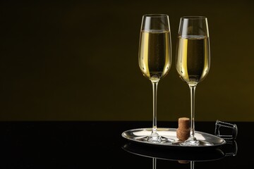 Glasses of sparkling wine on black mirror surface. Space for text