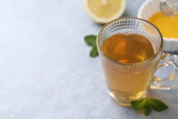 Aromatic mint tea in glass cup, fresh leaves, honey and lemon on light gray table, closeup. Space...