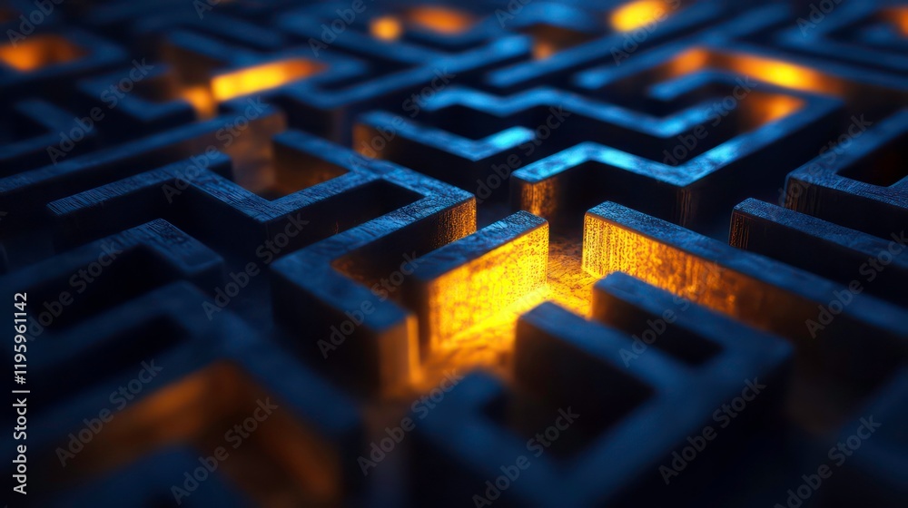 Poster illuminated labyrinthine maze with glowing paths.