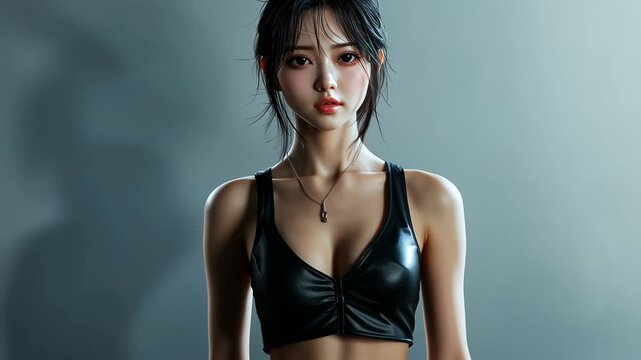 A cheerful young woman with short hair poses in tight leather pants, displaying a playful smile for the camera.