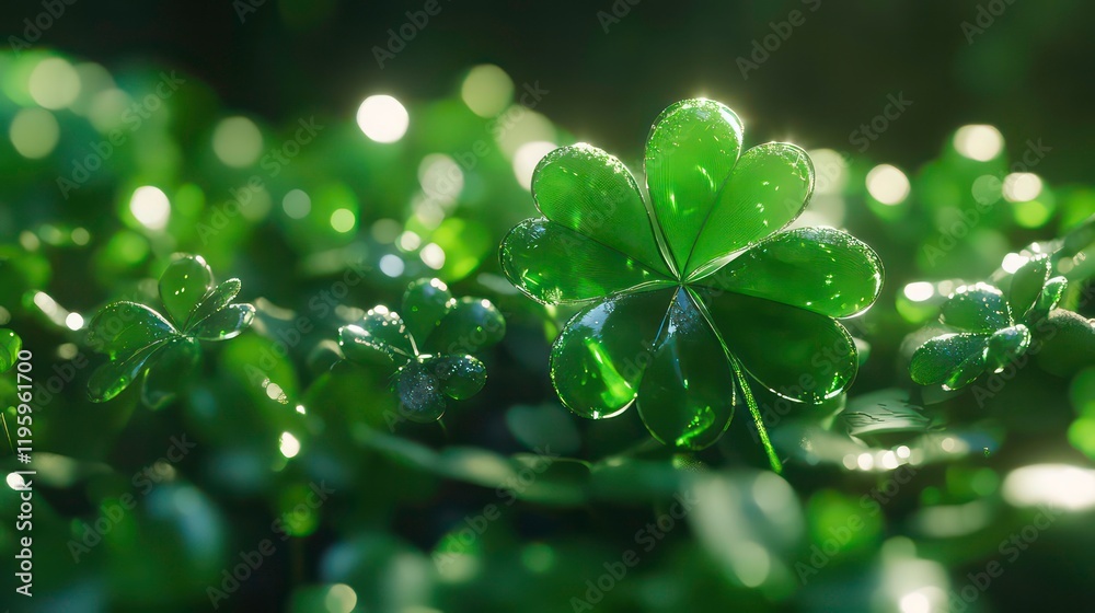 Poster close-up of a four-leaf clover with dew drops, surrounded by other clovers in a lush green field.