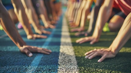 Closeup of determined group of athletes in starting position line to begin sprint or run race on sports track stadium. Hands of diverse sports people ready to compete in track and field olympic event
