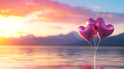 Heart shaped balloons float serenely on tranquil lake at sunrise, creating romantic atmosphere