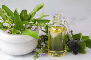 Salvia Officinalis essential oil, Sage oil and fresh sage leaves arranged in pattern