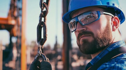 A close-up of a construction worker in a blue hard hat and gray work shirt, using a laser level and looking at the camera, with a backdrop of construction frames and measuring instruments