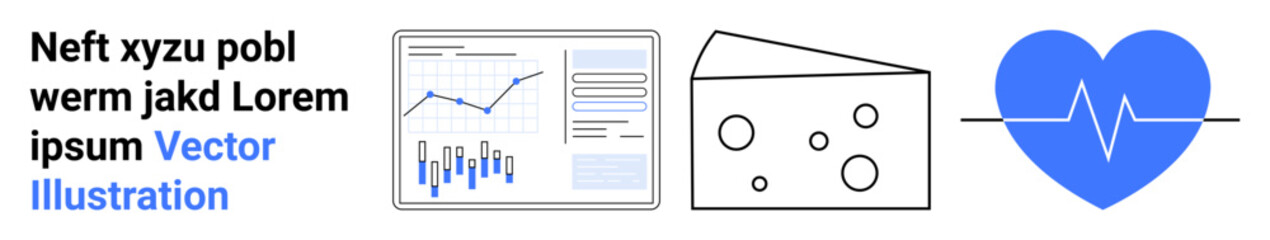 Text block, line chart, bar graphs, cheese icon, blue heart with heartbeat line. Ideal for business analytics, data presentation, digital illustrations, creative design, dairy products, health