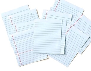 Artistic Scattered Lined Papers with Red Margin on White Background