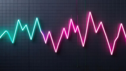 stylized rendering of fluctuating line graph glowing in neon colors, showcasing vibrant hues against dark grid background