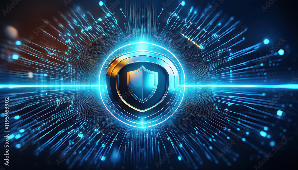 Poster conceptual rendering of shield icon with glowing data streams, emphasizing security and protection