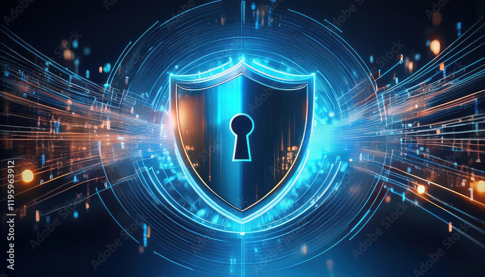 Poster conceptual rendering of shield icon with glowing data streams, emphasizing security and protection i