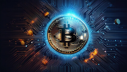 glowing circuit board featuring virtual currency logo at its center, symbolizing innovation and technology