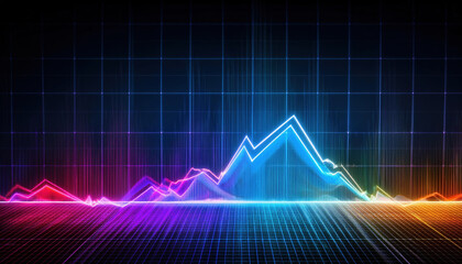 vibrant line graph glowing in neon colors against dark grid background, showcasing dynamic fluctuations and trends