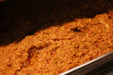 Traditional Turkish Menemen scrambled eggs, scrambled eggs with tomatoes, oriental breakfast, Turkish breakfast