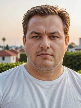 Retrato de un hombre blanco al aire libre vistiendo una camiseta blanca de algod&oacute;n en verano 