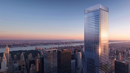 Obraz premium Majestic Skyscraper at Sunset Over Cityscape.