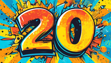 Dynamic pop art number 20 with vibrant splashes and colorful