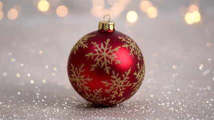 Red Christmas bauble with gold snowflakes on sparkling background.