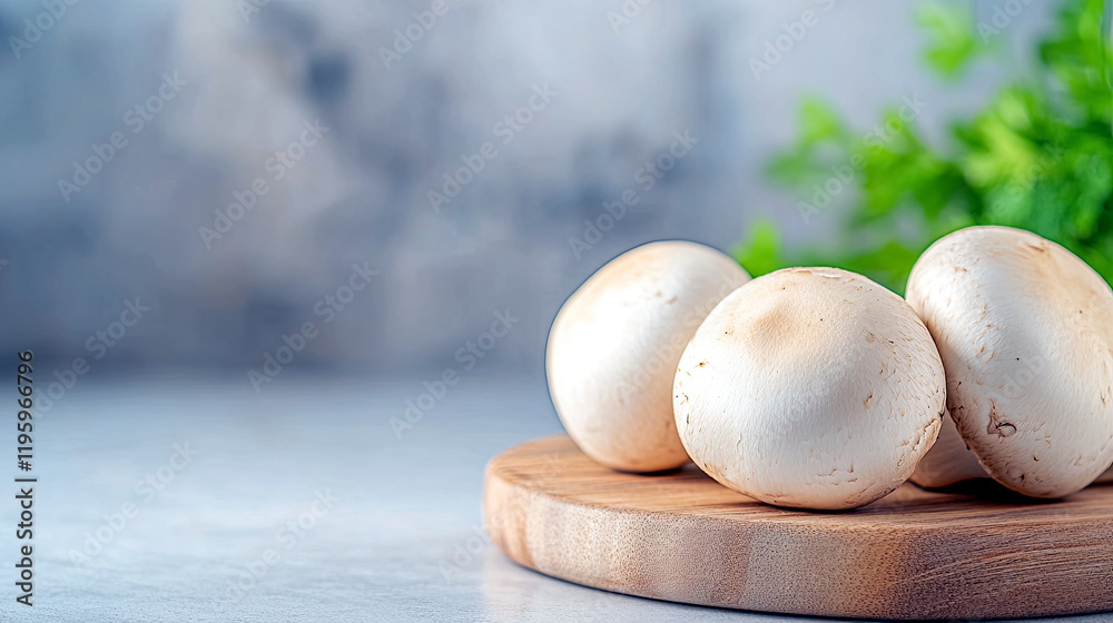 Poster smooth white button mushrooms resting on a wooden cutting board in a minimalist kitchen setting