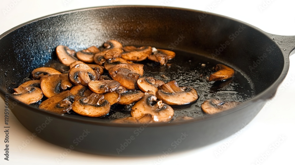 Poster sliced mushrooms arranged beautifully in a cast iron pan on a simple white surface