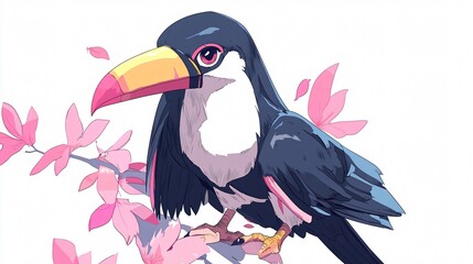 Naklejka premium Colorful Tropical Toucan Bird in Natural Habitat Wide Angle Photo