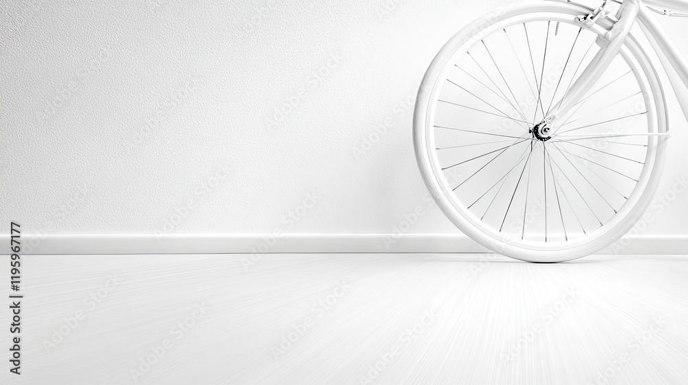 Poster intricate patterns of spokes on a bicycle wheel resting against a minimalist surface