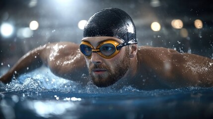 Male in a pool: swimmer close-up, aquatic skill, water splash, athletic effort, freestyle focus, rippling waves, diving motion, competitive edge, muscular form, swimming precision, fitness drive.