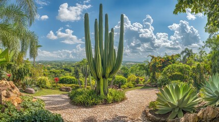 Fototapeta premium A panoramic view of a beautifully shaped giant cactus in a tropical botanical garden, framed by lush greenery and a serene sky, capturing its grandeur.