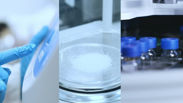 Video collage from a scientific laboratory, using a centrifuge, balances for weighting reagents, HPLC analysis with auto samples and glass vials. 