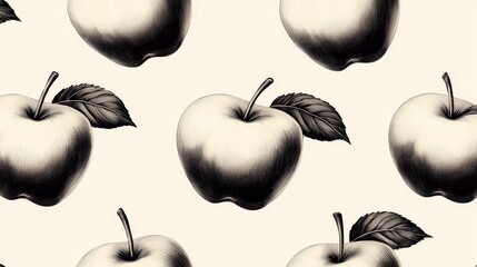 Hand-sketched apple fruit pattern, black and white linework on a soft neutral background, elegant and detailed for a classic touch