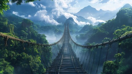Obraz premium A sturdy rope bridge stretching across a misty rainforest valley, with lush green trees and distant mountains creating a serene and adventurous atmosphere.
