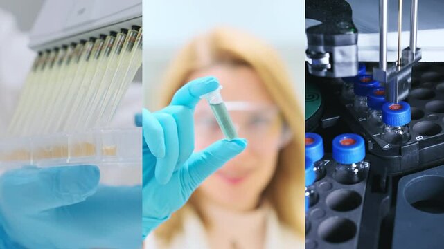 Video collage from the chemical laboratory, application of micro channel pipette, test tube by female scientist, and HPLC analysis. 