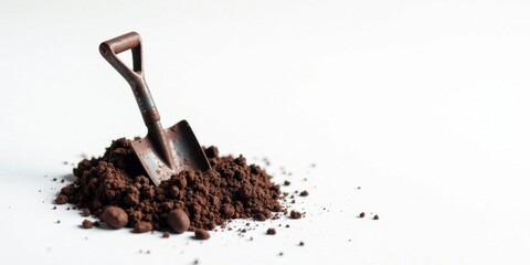 A miniature rusty shovel rests in a small pile of dark brown soil against a bright white background, suggesting the start of a gardening project or a conceptual representation of growth.