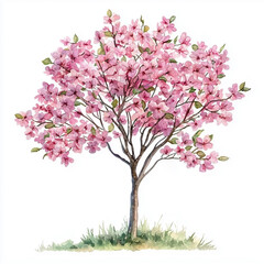 Naklejka premium Watercolor spring tree with pink flowers, isolated on white background.