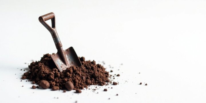 A miniature rusty shovel rests in a small pile of dark brown soil against a bright white background, suggesting the start of a gardening project or a conceptual representation of growth.