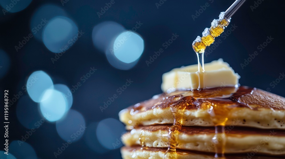 Poster Golden syrup dripping onto a stack of fluffy pancakes topped with melting butter against a bokeh background.
