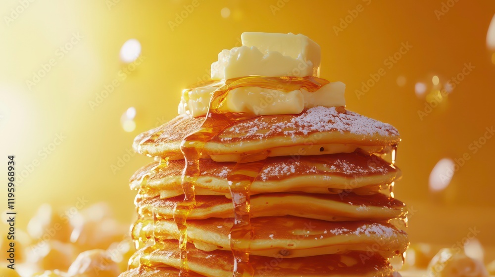 Poster delicious stack of golden pancakes drizzled with honey and topped with butter.