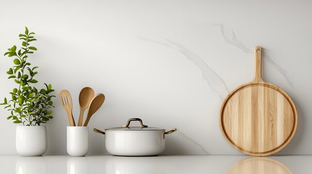 Modern kitchen essentials ad, stylish cookware on clean countertop, bold text overlay space for sale promotion, bright and inviting style